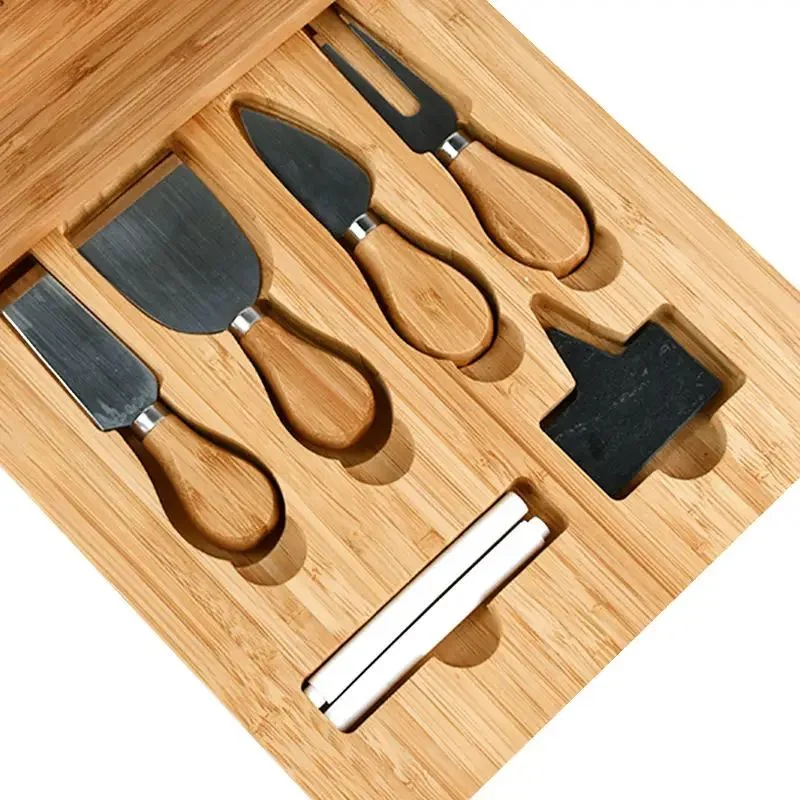 Exquisite Bamboo Cheese Board Charcuterie Set with Slide-out Drawers Cutlery for Meat and Wine